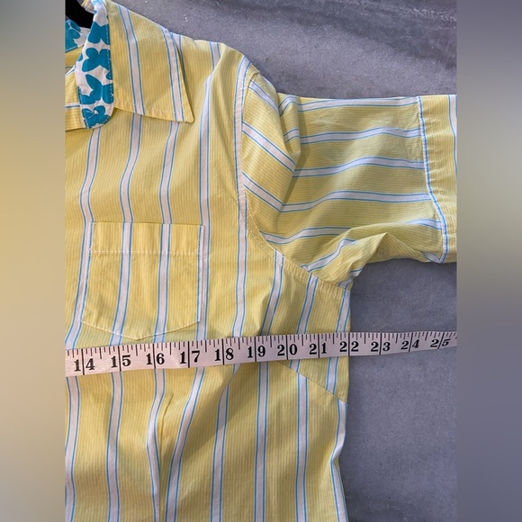 L.L. Bean Size XL Yellow Turquoise Stripe Short Sleeve Cotton Button Down Shirt - Picture 12 of 12